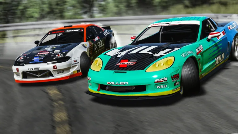 Two brightly liveried cars drifting side by side