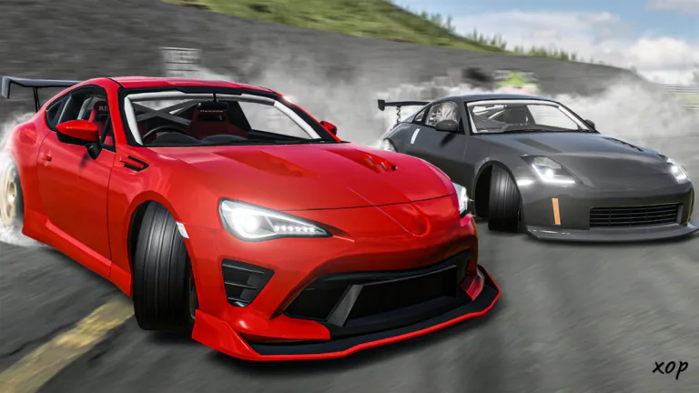 Two modified cars drifting together on a paved circuit