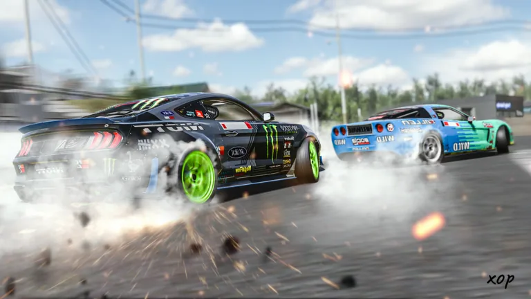 Two competition-style cars drifting with smoke and sparks