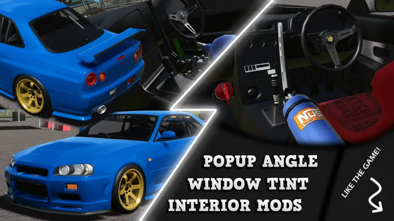 Prodigy Drift customization screen collage with a blue car, cockpit, and interior options