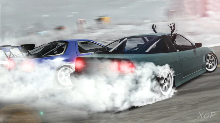 Two Prodigy Drift cars sliding through thick tire smoke