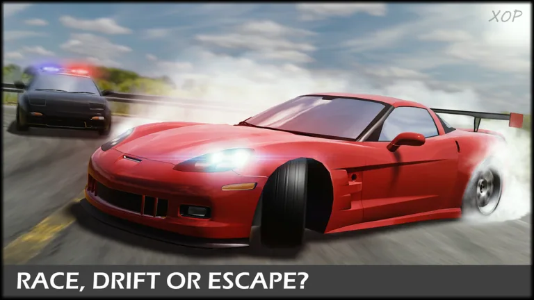 A red car drifting while a police car follows
