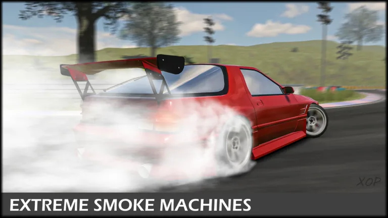A red drift car leaving a thick smoke trail through a bend