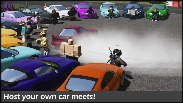 Players holding a car meet around a drifting car