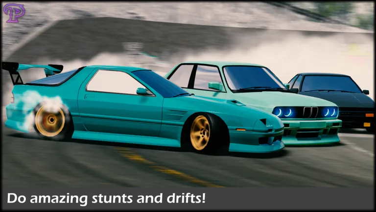 Three teal Prodigy Drift cars driving together